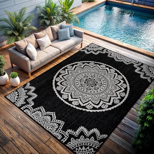 CAMILSON Outdoor Rug 8x10 Modern Area Rugs for Indoor and Outdoor Patios and Porches - Waterproof Washable Non-Shedding Easy-to-Clean Outside Carpet (8 x 10 Medallion - Black/White) - color: Medallion - Black / White, size: 8' x 10' (Rectangular)