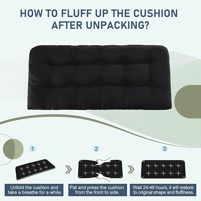 downluxe Outdoor Bench Cushion for Patio Furniture, Water Resistant Tufted Overstuffed Porch Swing Cushions, Thick Outdoor Loveseat Cushions, 44" X 19" X 5", Black, Set of 1