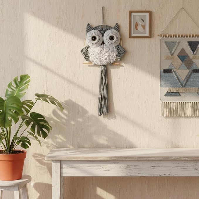 ACEDSGN Macrame Owl Wall Hanging Boho Dream Catcher, Handmade Tapestry Fiber Art Wall Decor for Nursery Bedroom Living Room, Sustainable Gift for Owl Lovers & Nature Fans - Light Gray