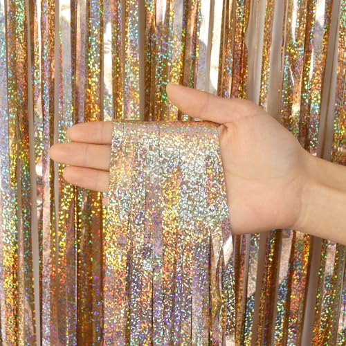 2 Pack Fringe Curtains Backdrops, Foil Fringe Curtains, Door Streamers for Birthday Wedding Bridal Shower Holiday Graduation Party Decorations, Photo Booth Backdrops, Glitter Champagne - color: Glitter Champagne