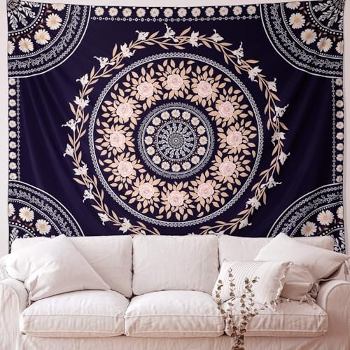 FLY SPRAY Mandala Tapestry Aesthetic,Boho Tapestries Wall Hanging,Dark Rose Floral Medallion Tapestrys,Bohemian Wall Art Hippie Decor for Bedroom Living Room Ceiling - color: Boho Tapestry-Navy Blue, size: 60"L x 52"W