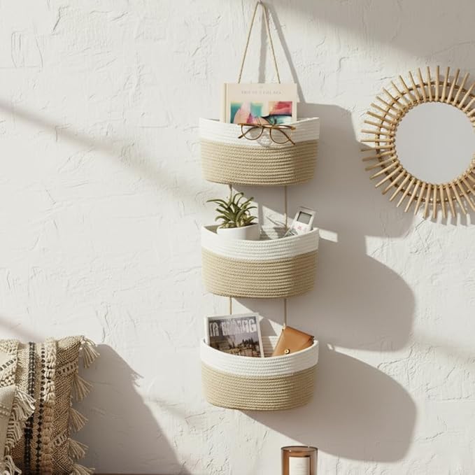 Hanging Wall Basket, Over the Door Hanging Basket with Hooks, 3-Tier Cotton Hanging Basket for Organizing, Decorative Boho Chic Decor for Wall, Bedroom, Living Room, Nursery, Whte & Jute