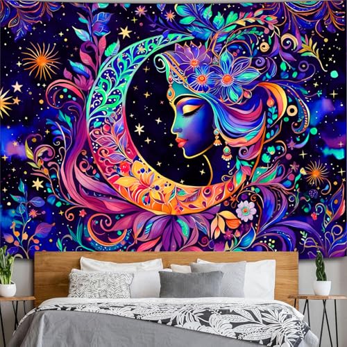 Simpkeely Blacklight Moon and Star Tapestry, Elegant Goddess UV Reactive Sun Mandala Wall Hanging Tapestries, Colorful Boho Aesthetic Tapestry for Bedroom, Living Room - 59.1" x 80" - color: Goddess, size: 80"L x 59.1"W
