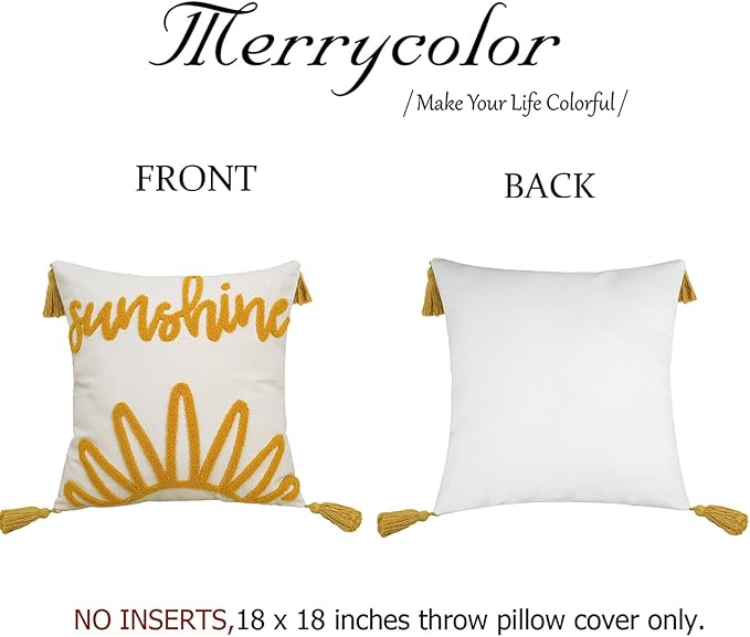 Merrycolor Boho Tufted Decorative Throw Pillow Covers 18x18 with Tassels Sunshine Bohemian Pillow Covers Cushion Covers for Couch Sofa Bedroom Living Room Yellow Beige 1PC