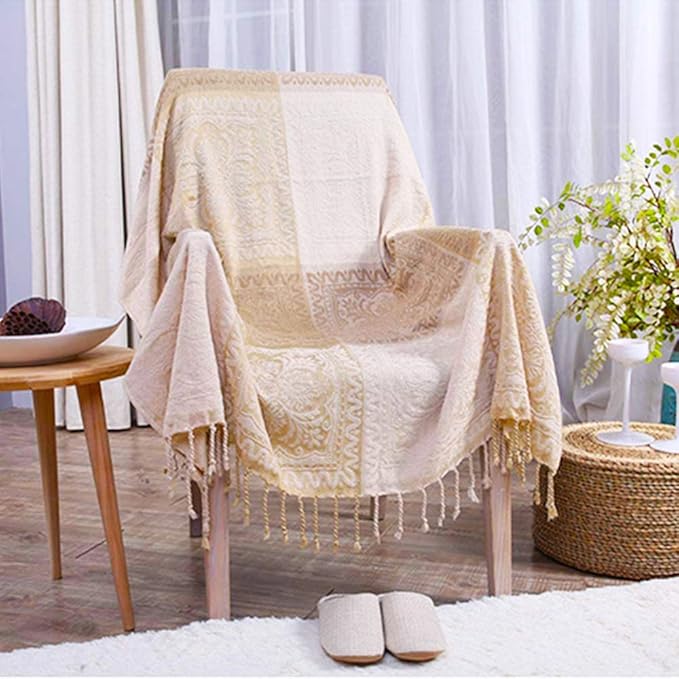 AIVIA Boho Throw Blanket, Chenille Jacquard Bohemian Chair Recliner Furniture Cover Aztec Hippie Throws Loveseat Sofa Blankets (Tan Beige Cream Vintage, 60" x 75")