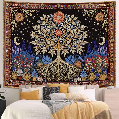 Spenlife Tree of Life Tapestry, Mystical Floral Tapestries for Bedroom, Celestial Wall Decor, Blacklight Tapestries (60" x 44") - color: Black Green, size: 60"L x 44"W