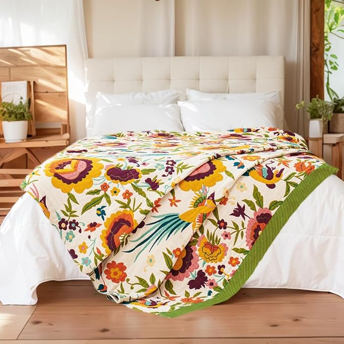 Boho Throw Blanket, 100% Organic Cotton Breathable Ultra Soft 80" x 90" Bed Quilt Throw - All Season Floral Rustic Farmhouse Decor Luxury Reversible Blanket for Sofa Couch Chair and Gift