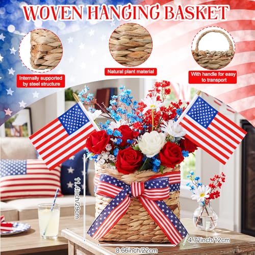 Patriotic Woven Hanging Basket Decor 4th of July Front Door Basket with American Stick Flag Star Stripe Ribbon Hanging Flower Arrangement for Independence Day Farmhouse Garden(Flower Not Included)