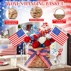 Patriotic Woven Hanging Basket Decor 4th of July Front Door Basket with American Stick Flag Star Stripe Ribbon Hanging Flower Arrangement for Independence Day Farmhouse Garden(Flower Not Included)