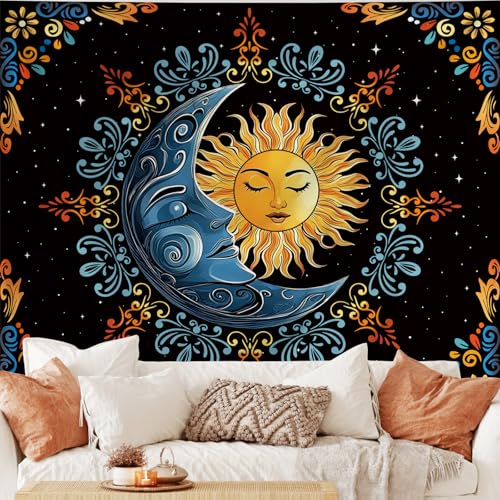 Tichgeim Sun and Moon Tapestry Wall Hanging, Boho Hippie Vintage Celestial Starry Sky Tapestries, Flower and Stars Wall Decor for Bedroom Living Room and Dorm 51in × 60in - color: Sun and Moon Tapestry, size: 60"L x 51"W