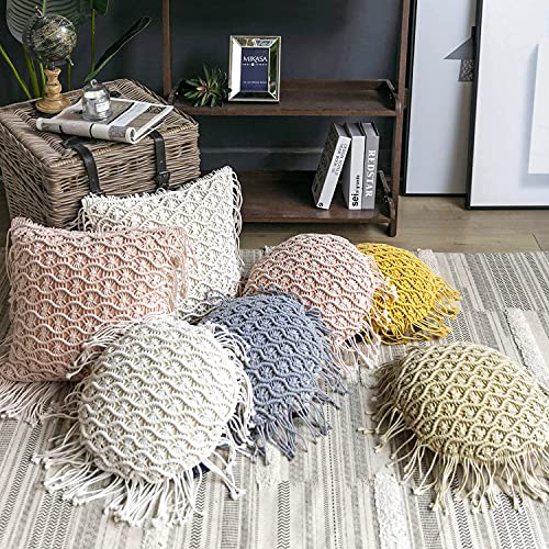 Phantoscope 100% Cotton Handmade Crochet Woven Boho Throw Pillow with Tassel Cute Farmhouse Pillow Insert Included Lumbar Small Decorative Cushion for Couch Sofa, Beige,16 inches Round - color: Khaki