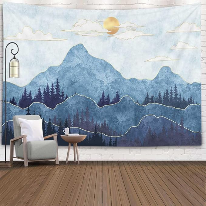 EMMTEEY Mountain Tapestry - Mountains Trees with Gold Sun - 60X40 Small Tapestry - Christmas Photo Backdrop Wall Art Decor