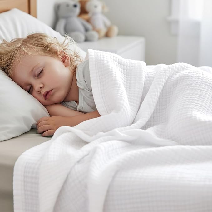 PHF 100% Cotton Muslin Throw Blanket 50" x 60", 4-Layer Lightweight Gauze Throw, Breathable Cloud-Soft Minimalist Blanket for Bed, Couch, Camping & Baby, White, Ideal Gift