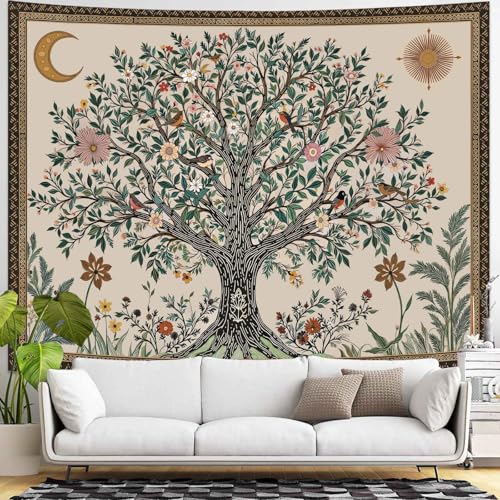 Spenlife Tree of Life Tapestry, Whimsical Floral Tapestries for Bedroom, Cottagecore Wall Decor, Nature Tapestries (48" x 36") - color: Green Ivory, size: 48"L x 36"W
