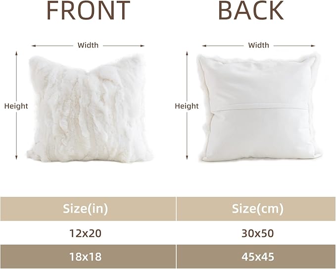 MOOX Rabbit Fur Throw Pillow Covers Decorative Fluffy Soft Fuzzy Plush Luxury Genuine Animal Skin Lumbar Pillow 18"x18" Cushion Cover, Couch White