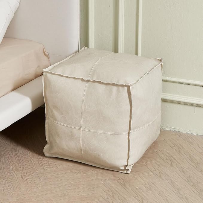Louis Donné Square Pouf Ottoman Cover Leather Unstuffed Handmade Faux PU Foot Stool Storage Ottoman 17.7" Grey White Poufs Foot Rest for Living Room Floor Chair Christmas Decorations Gift (ONLY Cover)