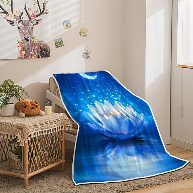 Galaxy Space Throw Blanket Moon Flower Stars Print Decor Soft Warm Cozy Blanket Plush Blue Throws Blankets for Women Girls Kids Couch Travel Livingroom Bedroom Decor 60 x 80 Inch