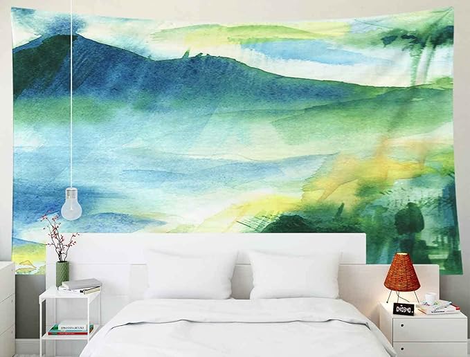 EMMTEEY Abstract Colorful Mountain Landscape Watercolor Painting Tapestry - Outdoor Nature Rain Forest Green Wall Art 92.5x70.9 - Present for Friends and Families