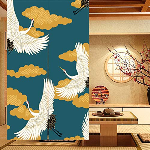 LIGICKY Noren Japanese Style Doorway Curtain Cranes Printed Linen Window Treatment Door Tapestry for Home Decoration 33.5" Width x 59" Long - color: Cran Flying on Yellow Cloud, size: 33.5"W x 59"L (Pack of 1)