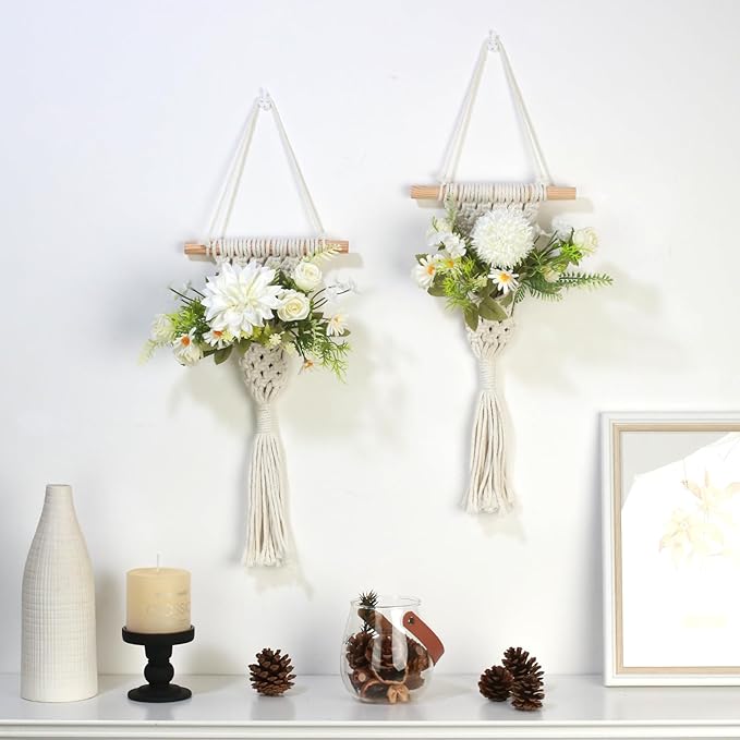 Macrame Wall Hanging with Artificial Flowers, Wall Decorative Art, Handwoven Cotton RopeTapestry, Woven Tassels Boho Home Decoration,8x23 Inches, Set of 2