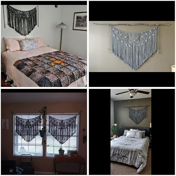 Youngeast Macrame Wall Hanging Large Macrame Curtains Leaf Shape Beads Wall Decor Boho Tassel Wall Art Woven Tapestry Headboard Backdrop Gray