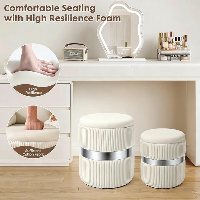 Round Storage Ottoman Set of 2 - Multi-Functional Footrest & Vanity Stool for Living Room, Space-Saving Side Table with Hidden Compartment, Sturdy Seating for Small Apartments & Bedroom, White