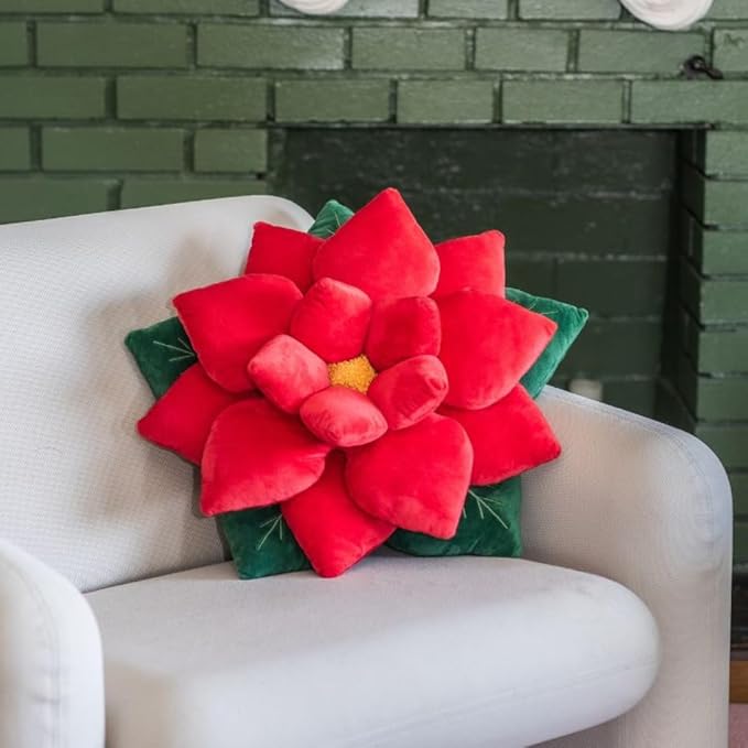 Green Philosophy Co. Poinsettia Plush Throw Pillow - Christmas Red Flower Shaped Accent Cushion | Unique Christmas Decor & Gift