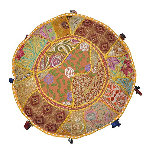 The Harry Creations Decorative Patchwork Comfortable Indian Ottoman Ethnic Cotton Cushion Bean Bag Designs Floor Embroidered Pouf Cover (Yellow, 18"x13") - color: Yellow, size: 18"x13"