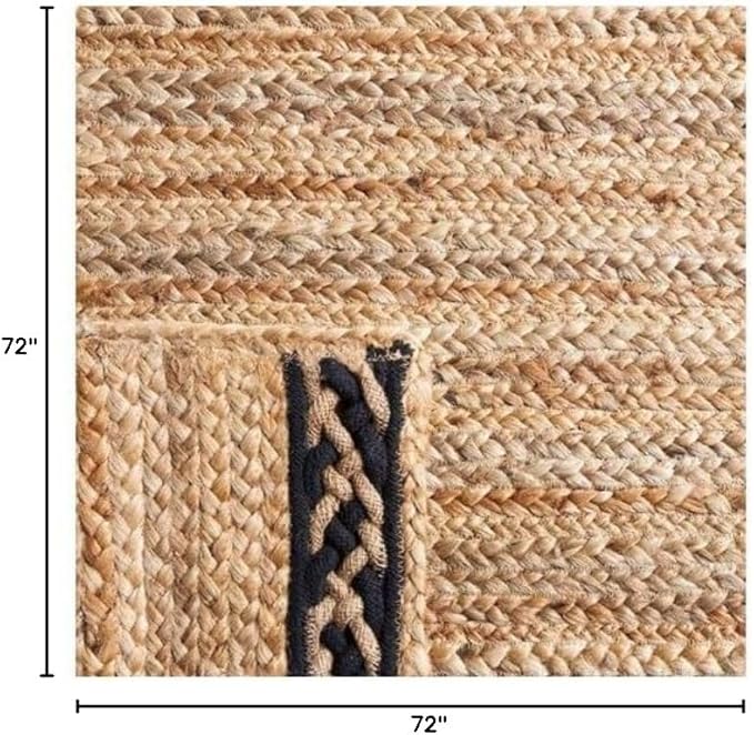 SAFAVIEH Natural Fiber Collection Area Rug - 6' Square, Natural & Black, Handmade Stripe Boho Farmhouse Rustic Braided Jute, Ideal for High Traffic Areas in Living Room, Bedroom (NFB262Z)