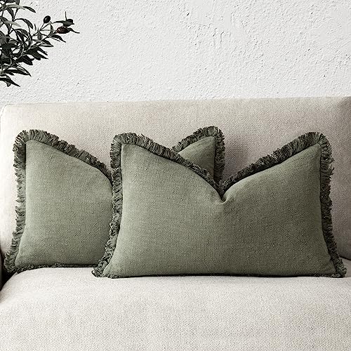 Foindtower Set of 2 Decorative Linen Fringe Lumbar Throw Pillow Covers Boho Farmhouse Cushion Cover with Tassels Soft Accent Pillowcase for Couch Sofa Bed Living Room Home Decor,12×20 Inch,Olive Green - color: Olive Green, size: 20" x 12" (Pack of 2)