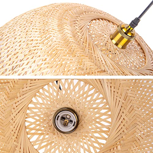 Arturesthome 1 Light Round Bamboo Pendant Lights, Wicker Chandelier Hand-Woven Boho Basket Lampshade Hanging Ceiling Light for Kitchen Island Living Room - size: 17.68″W x 14.9″H