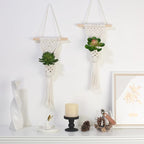 Macrame Wall Hanging Plant Holder with Artificial Succulent, Natural Cotton with Wood Dowel, Boho Wall Decor, Hanging Plants Set of 2 (Succulent 2pcs)
