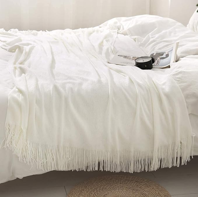 Homiest Decorative Knitted Throw with Fringe, Lightweight Acrylic Knit Blanket, Soft & Cozy Tassel Blanket for Couch, Sofa, Bed (Ivory White, 60 x 80 Inch)