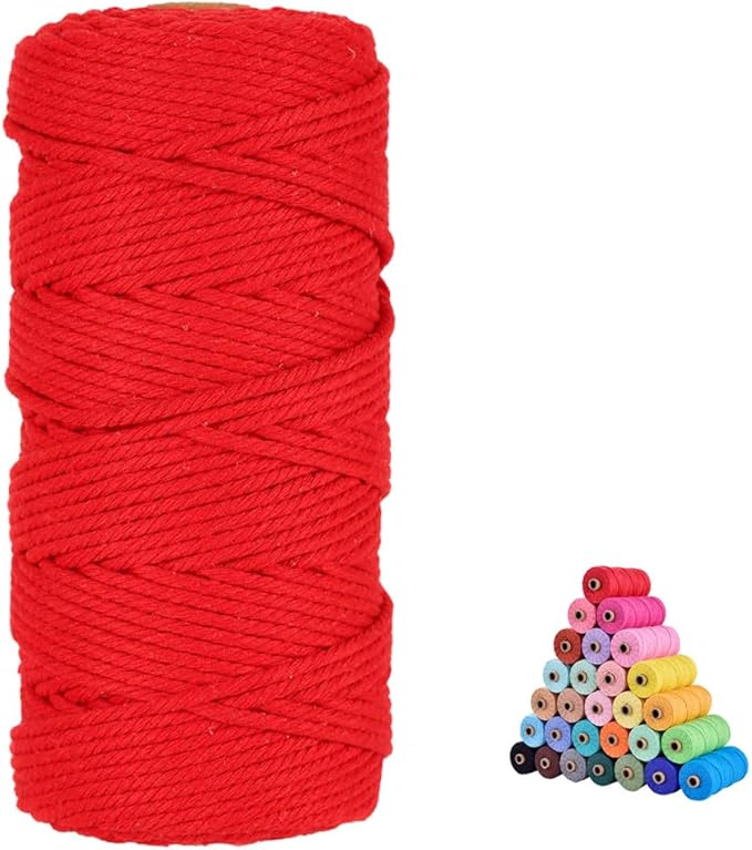 flipped 100% Natural Macrame Cotton Cord,3mm x109 Yards Twine String Cord Colored Cotton Rope Craft Cord for DIY Crafts Knitting Plant Hangers Christmas Wedding Décor (Red, 3mm*109yards)