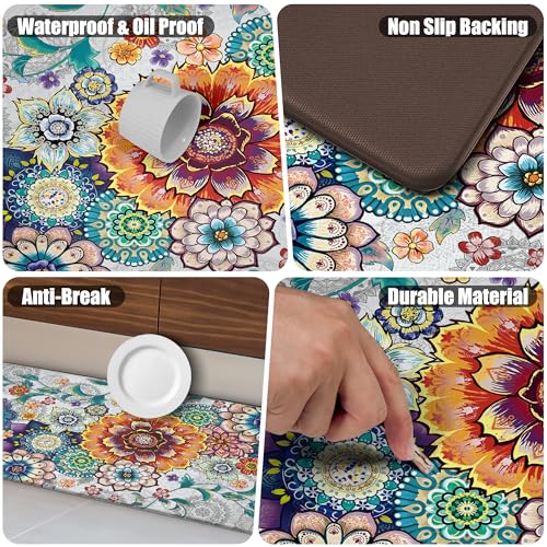 Floral Kitchen Rugs Mats for Floor 2 Piece Flowers Anti Fatigue Kitchen Mats Non Slip Cushioned Comfort Standing Mat for Sink, Office, Laundry, 17.3x28+17.3x47 Inch - color: Boho Floral-2pcs, size: 17.3"x28"+17.3"x47"-0.40Th[2PCS]