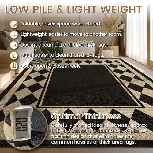 Washable Checkered Easy Jute Rug 8x10, Black Checkerboard Geometric Modern Outdoor Indoor Patio Large Bordered Rug, Woven Thin Carpet for Living Dining Play Room Bedroom Classroom Kids Nursery - color: Checkerboard -2 Black / Nature, size: 8' x 10'