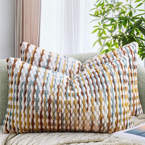 AmHoo Set of 2 Boho Chenille Pillow Cover Decorative Tufted Pillowcase for Couch Bed Sofa Bedroom Living Room Modern 12 x 20-Inch Brown - color: Brown, size: 20" x 12" (Pack of 2)