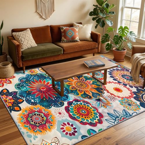 Colorful Medallion Rug - Mandala Bohemian Rug, 2x3 ft Washable Non-Slip Multicolor Abstract Floral Area Rugs, Hippie Boho Carpet for Entryway, Kitchen, Bedside, Vibrant Home Decor & Gifts - color: Beige Blue Red Orange, size: 2' x 3' (Rectangular)