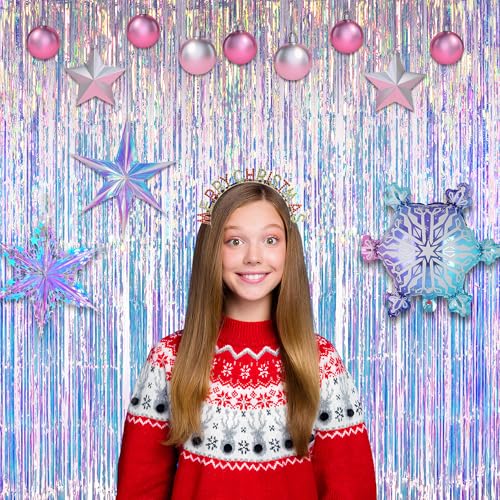 Iridescent Party Streamers Backdrop - GREATRIL Neon Transparent Holographic Tinsel Foil Fringe Curtain for Mermaid/Frozen/Sea/Euphoria/ERAS Party Theme Decorations 3.2ft x 6.5ft 2 PCS - color: Iridescent