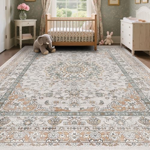 Beige & Orange Farmhouse Nursery Rugs 5x7, Neutral Stain Resistant & Non Slip Washable Cottage Area Rug for Living Room, Bedroom, Large Entryway, Dining Room Under Table - Faux Wool Distressed Print - color: Beige/Orange/Grey, size: 5' x 7' (Rectangular)