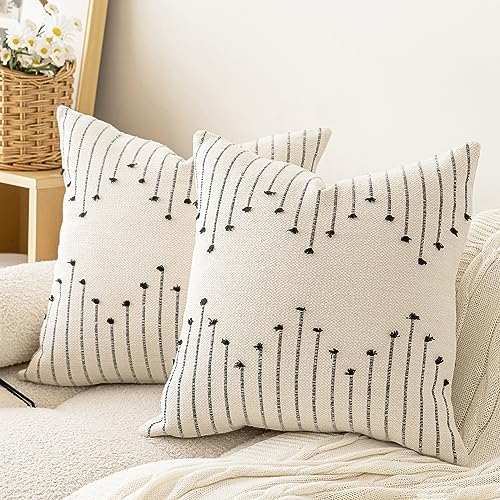 LILEPOY Boho Throw Pillow Covers 20x20 Set of 2 Neutral Decorative Textured Cushion Case Farmhouse Pillowcase Modern Square Pillow Covers for Sofa,Couch, Living Room,Beige and Black - color: Beige and Black, size: 20" x 20" (Pack of 2)