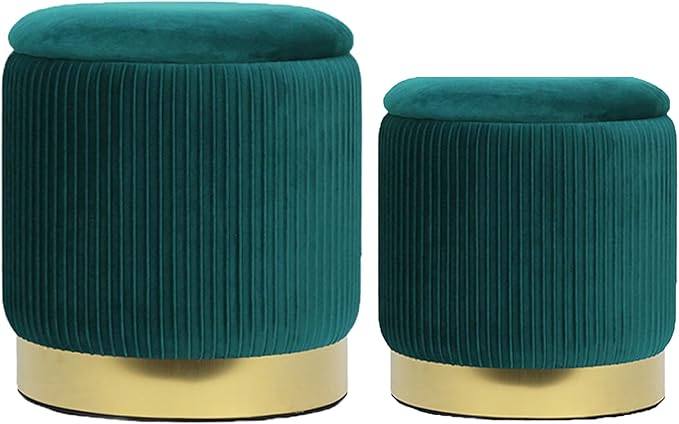 Green Velvet Round Storage Ottoman Set of 2 - Living Room & Bedroom Dorm Storage Ottoman Stool Accent Chairs with Modern Gold Base