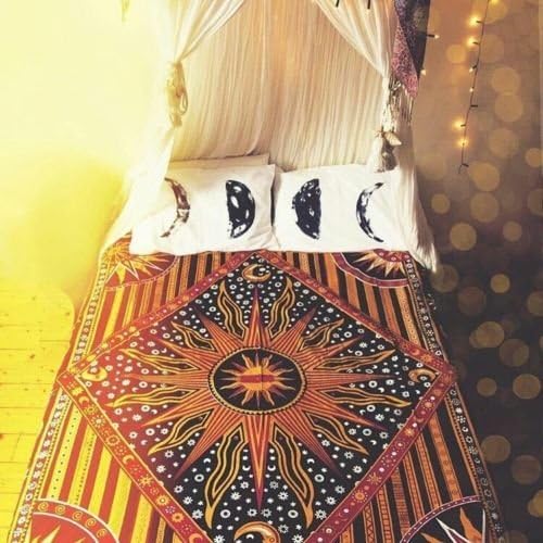 Popular Handicrafts Wall Hanging Tapestry For Bedroom Hippie Burning Sun and Moon Meditation Bohemian Hippy Psychedelic Design Indian Tapestries Bedspread 90 x 108 inches (230cm x 270cm) Green