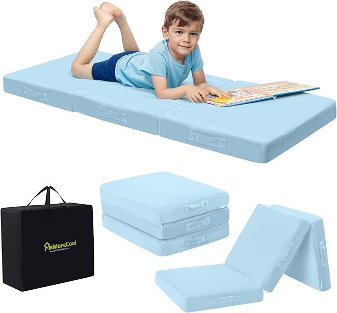 MeMoreCool Foldable Floor Mattress Kids Trifold Mat, Kids Folding Mattress Portable Futon, 57x22 Inch Blue