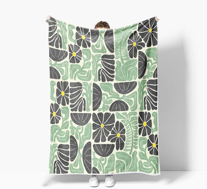 Boho Abstract Colorful Floral Throw Blanket, Vintage Retro Patchwork Green Flower Botanical Geometric Aesthetic Groovy Flannel Throw Blanket for Chair Bed Sofa Couch, 60X70IN