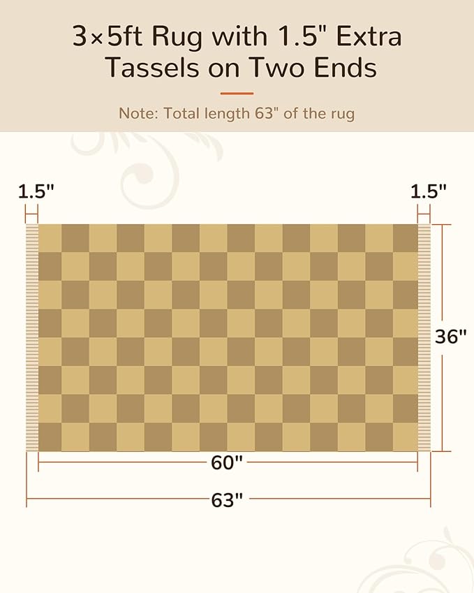 BESTSWEETIE 3'x5' Washable Rug Hand-Woven Low Pile Soft Checkerboard Pattern Reversible Checkered Braided Rugs with Short Fringe Carpet for Living Room Bedroom Dining Room Home Decor - Naturejute