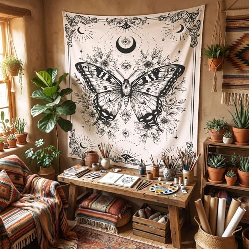 Gruaoihy Boho Beige White Butterfly Tapestry, Aesthetic Moon Wall Hanging for Bedroom Living Room Vertical Decor, 36x48 inches - color: Beige Butterfly, size: 48"L x 36"W