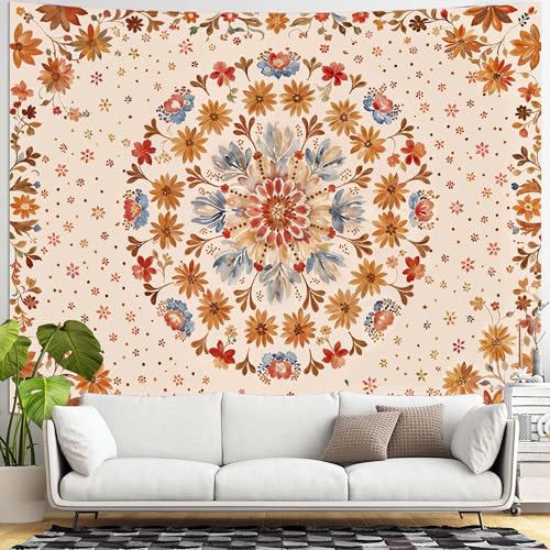 Boho Floral Mandala Tapestry Wall Hanging Watercolor Bohemian Flower Medallion Tapestry Aesthetic Beige Orange Hippie Indian Extra Large Tapestries for Bedroom Living Room Dorm Decor 90 x 68 Inch - color: Beige Orange, size: 90"L x 68"W
