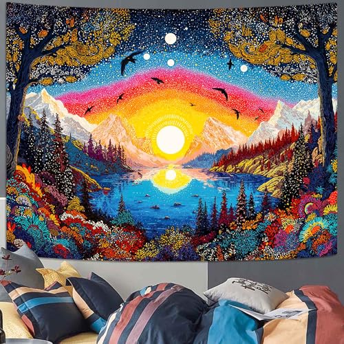 Spenlife Mountain Lake Birds Sunrise Wall Tapestry, Trippy Scenic Landscape Tapestries for Living Room Decor, Peaceful Tapestry 90x70 Inch - color: Orange, size: 90"L x 70"W