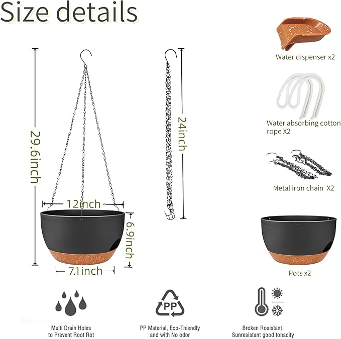 12 Inch Self Watering Hanging Planters 2 Pack, Indoor Outdoor Hanging Pots for Plants with Drainage Holes & Saucers, Black Brown Plastic Hanging Baskets for Kitchen Balcony Garden
